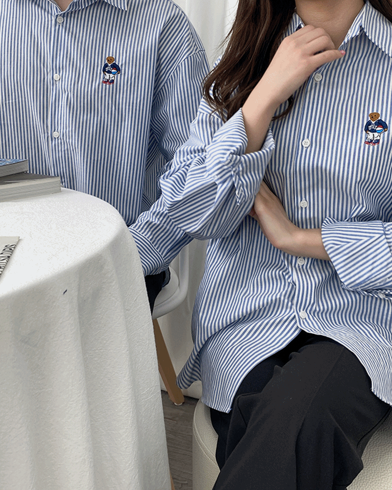 ［남녀공용/커플］곰돌이 자수 오버핏 셔츠